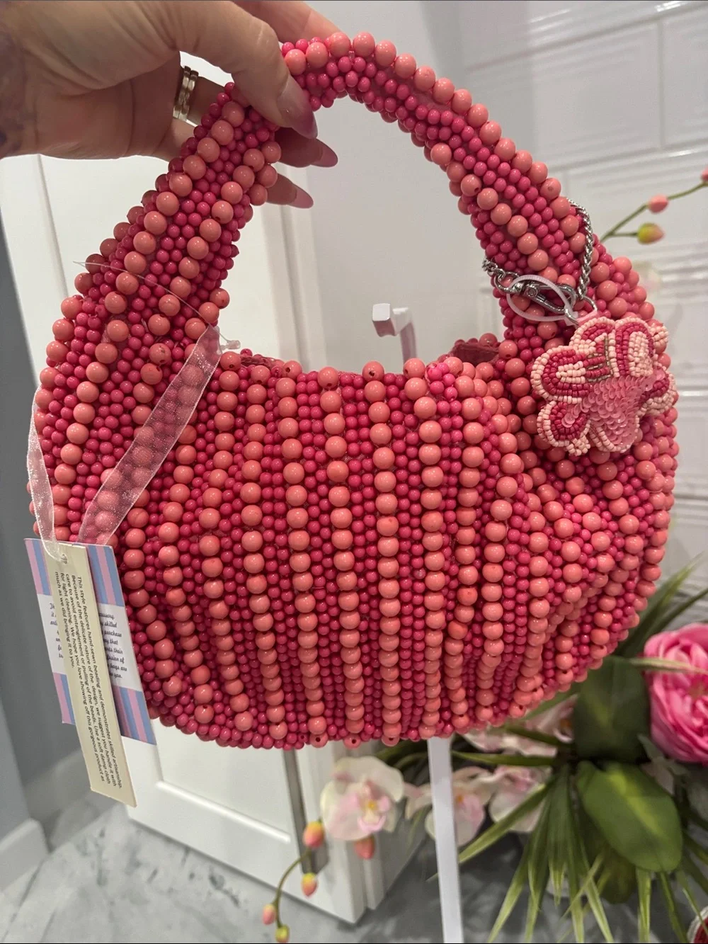 Viral hand beaded bag Handcrafted Pink Bag with Floral Charm - Picture 7 of 12